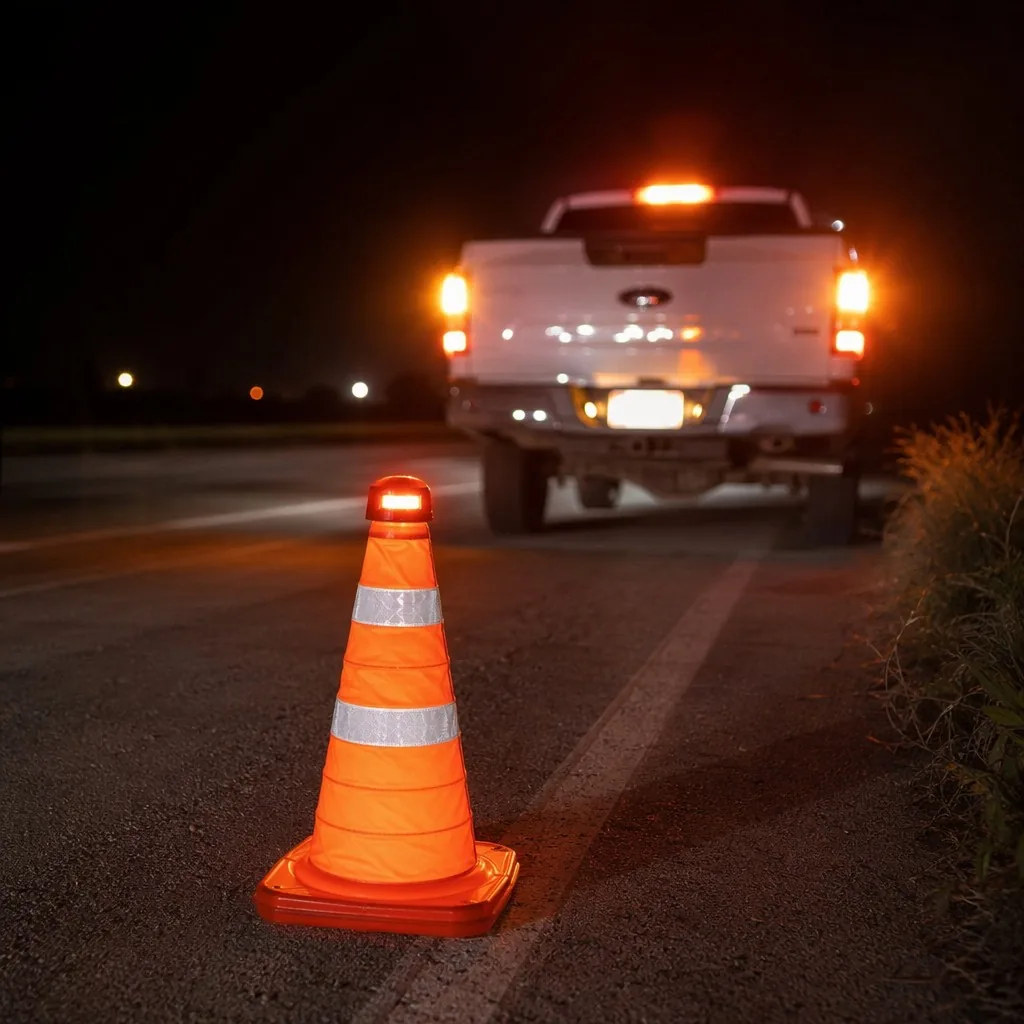 Collapsible Nylon Traffic Cone with LED Cap in real scene