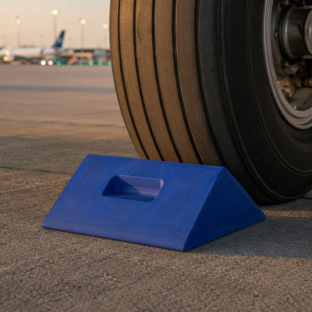 Blue rubber aircraft wheel chock on airport tarmac